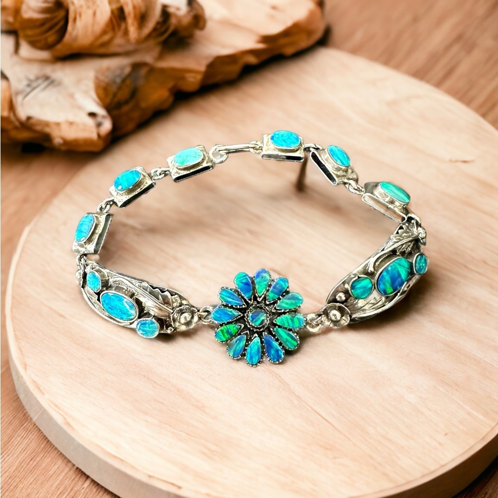 Native Blue Fire Opals Solid Sterling Silver Bracelet - Picture 5 of 10